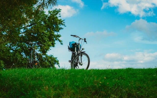 Divi velosipēdi zaļā zālē zem zilām debesīm